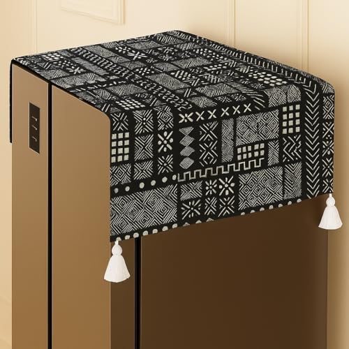 Image of WWW.THROWPILLOW.IN Fridge Top Cover with Tassels for Double Door >400L | Large Size Dustproof Refrigerator Cover | Corner Tassels with Pockets | Mud Cloth Print | Fridge Cover Top Mat
