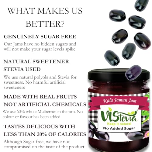 Image of Vistevia Sugar Free Kala Jamun Jam, Diabetic and Keto Friendly - Sweetened Naturally with Stevia, More Than 60% Jamun Content - Tastes Delicious - Pack of 1 (420GM)