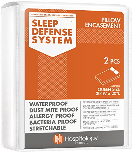 Hospitology Products Pillow Encasement- Zippered Bed Bug Dust Mite Proof Hypoallergenic - Sleep Defense System - Queen - Waterproof - Set Of 2 - 20" H X 30" W #TOP28