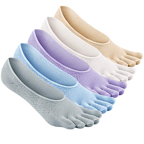 LOFIR Calcetines Cortos de Algodón para Mujer Calcetines Invisibles con Dedos Separados, Calcetines Bajos Tobilleros de Cinco 5 Dedos de Deporte para Mujer, Talla 35-41, 5 pares