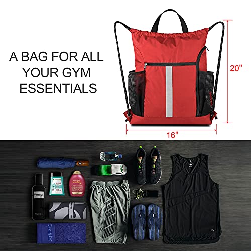 Image of BeeGreen Red Drawstring Backpack Gymsack Bag with Shoe Compartment and Two Side Mesh Pockets Lightweight Durable Sports Cinch Sackpack 1 Pack for Women Men Workout Swim