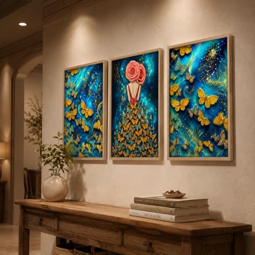 Image of Livin'luxe Set of 3 Butterfly Girl Abstract Wall Paintings for Living Room Dining Bedroom Decor with Premium Wooden Color Synthetic Frame (25.5 x 19.5 Inch) NM03-90
