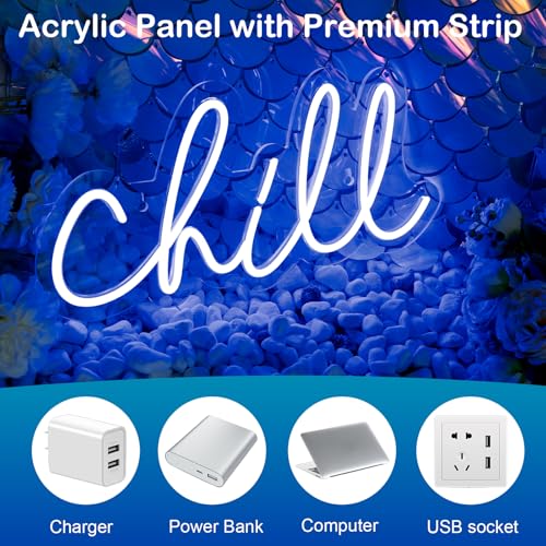 Image of Chill Neon Sign Blue Dimmable Wall Light Gift for Game Room Decoration | 14in*7in,Adjustable brightness (5 levels),Powered by USB,Applicable to Bar,Pub,Club,Party,Wedding,Engagement,Bedroom