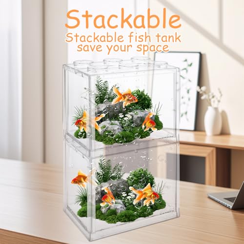 Image of QTLCOHD 4 Pack Small Betta Fish Tank, 0.6 Gallon Mini Aquarium Tank | Clear Stackable Fish Bowl, Acrylic Tiny Cube Tank for Beta Fish Sea Monkeys Shrimp Snails