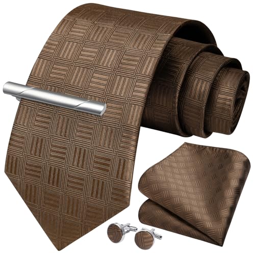 Image of Enlision Ties for Men Plaid Stripe Tie Handkerchief Woven Classic Formal Necktie Pocket Square Clip Set