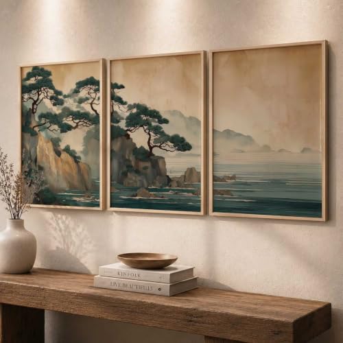 Image of kotart Big Aesthetic Nature Art Wall Framed Posters | Japanese Nature View Framed Poster for Living Room Bedroom Wall Decor Set Of 3 (14x20 Inch)