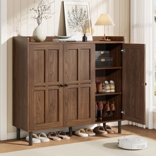 Image of ONBRILL Shoe Cabinet with 3 Doors and Adjustable Shelves, 30 Pairs Shoe Storage Cabinet, 40 Inch Tall Farmhouse Shoe Rack Shoe Organizer Cabinet for Entryway Living Room Closet, Walnut