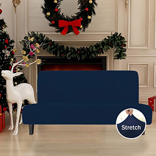 Image of Easy-Going Stretch Large Futon Slipcover Armless Futon Cover Navy | Sofa Bed Furniture Protector Without Armrests with Elastic Bottom for Kids, Soft Jacquard Machine Washable