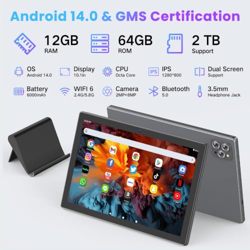 Image of 10.1 inch Android 14 Tablet, 12GB RAM 64GB ROM, Octa-Core