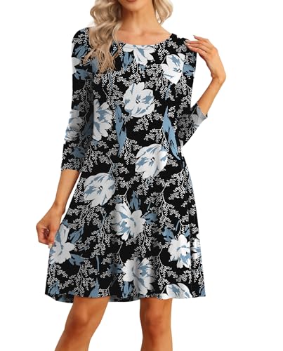 Image of VIISHOW Womens Round Neck 3 /4 Sleeves A-line Casual Tshirt Dress with Pocket