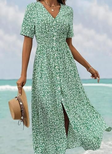 Women's Summer V-Neck Boho Floral Print Midi Dress Button Up Slim Beach Vacation Casual Midi Dress2