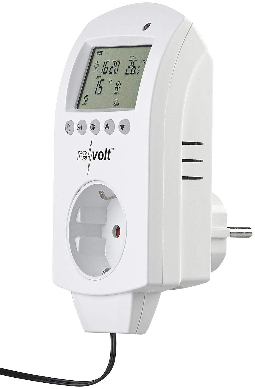revolt Thermoschalter: 2er-Set digitale Steckdosen-Thermostate für Klimageräte, Sensor, 3680W (Steckdosenthermostat Frostwächter, Steckdosen-Thermostat mit Fühler, Steckdose Schalter)