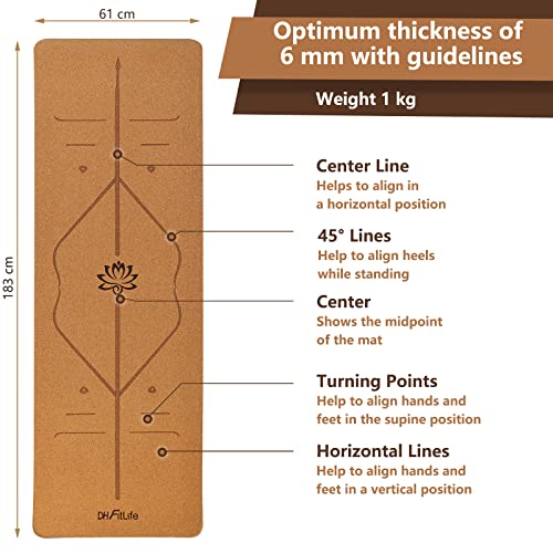 DH FitLife Esterilla de Yoga de Corcho y TPE, Colchoneta de Gimnasia 183 x 61 x 0,6 cm, Esterilla de Deporte y Fitness Antideslizante, Yoga mat Gruesa con Líneas de Orientación - imagen 6