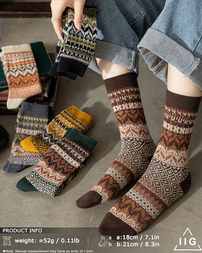 Image of IIG 3-5 Pairs Womens Vintage Cozy Crew Socks Soft Cute Neutral Cotton Socks Exquisite Patterns Socks Gift