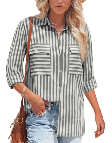 NONSAR Blusa para mujer de manga larga, casual, a rayas, de algodón, de manga larga, XXL