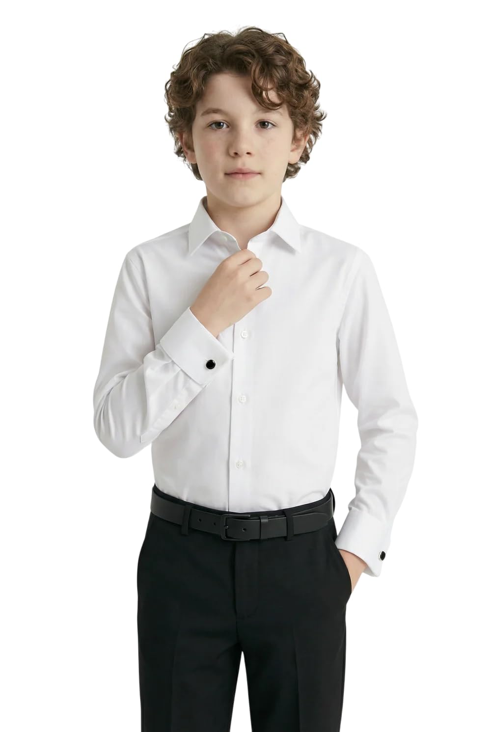 SIRRI Chemise habillée à Manches Longues Coupe Slim pour garçon avec col Classique et Boutons de Manchette en Blanc Taille 4-5 années