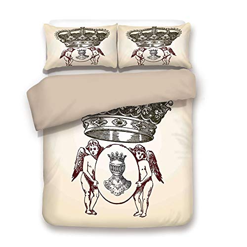 Khaki 3pc Bedding Set,Illustration Shield Design Art with Crest Badge Medallion Angel Royal