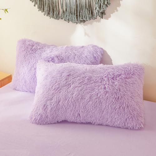 Faux Fur Fluffy Lavender Comforter Cover King Set – Plush Faux Fur Lavender Bedding 3-Piece Set (1 Duvet Cover + 2 Furry Pillow Shams) Cozy Bed Set