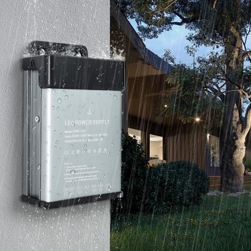 Image of 24V 200W LED Power Supply Rainproof IP44, Ultra Slim LED Transformer 100-240V AC to 24V DC 8.3A Quiet Low Volt LED Driver Constant Voltage Driver Adapter for LED Lights, Indoor & Outdoor