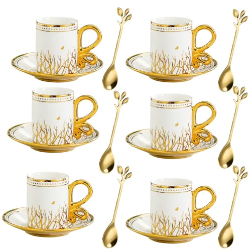 bangminda Espresso Cups and Saucers Set of 6, Porcelain Cappuccino Cups with Saucers & Spoons,3 oz Ceramic Small Coffee Mug with Handle for Cafe, Mocha, Tea, Wedding Thanksgiving Gift Present