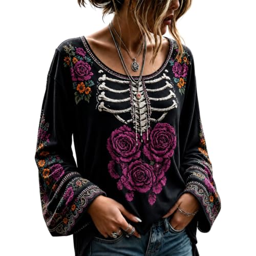Womens Halloween Shirts Skeleton Floral Graphic Shirt Bell Sleeve Top - image 1