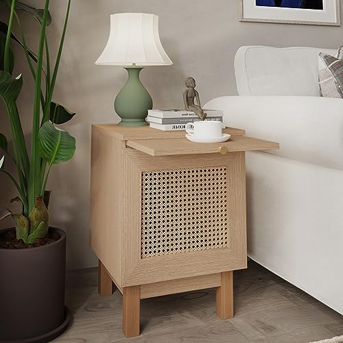 KIETLER Rattan Nightstand, End Table, Side Table with 【Extension Leaf】 【Solid Wooden Legs】【Spacious Storage Space】 for Bedroom, Living Room, Natural