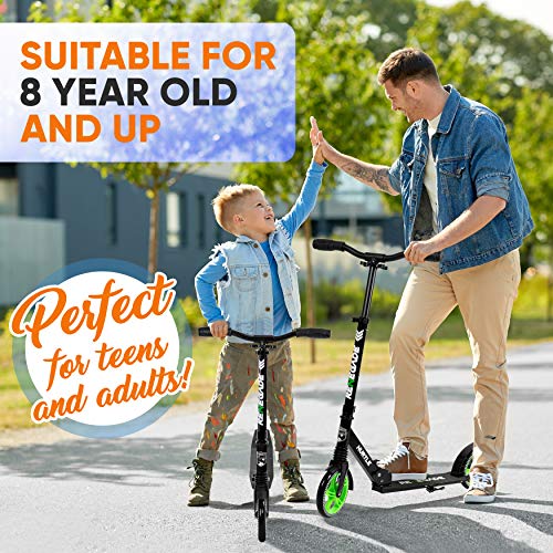 Image of Hurtle Teenager Kick Scooter - 2 Wheel with Adjustable T-Bar Handlebar - Folding Adult with Alloy Anti-Slip Deck - 8 inch Smooth Gliding Wheels, Runner