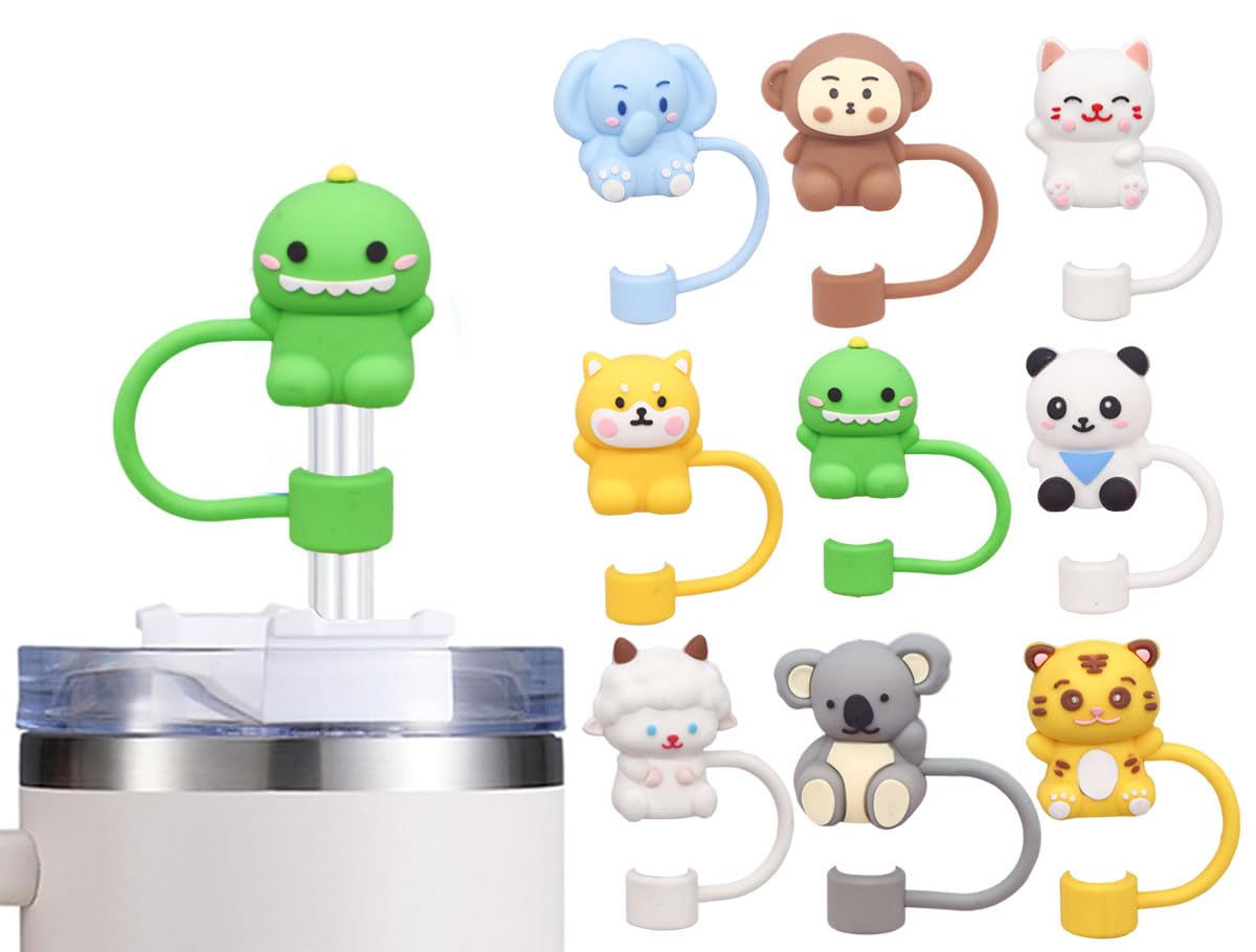 10Pcs Straw Cover Cap for Stanley Cup Cute Animal Shape Silicone Straw Lids, Reusable Dust-Proof Straw Topper for Stanley Tumbler Accessories, 10mm