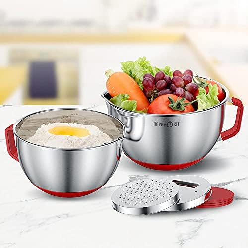 HAPPY KIT 18/8 Mixing Bowls with Lids Set of 2,Stainless Steel Mixing Bowl with Pour Spout, Non-slip Handle and Bottoms, 3 Grater Attachments, Measurement Marks & Lid, Size 5, 3QT(Red) - Thumbnail 3