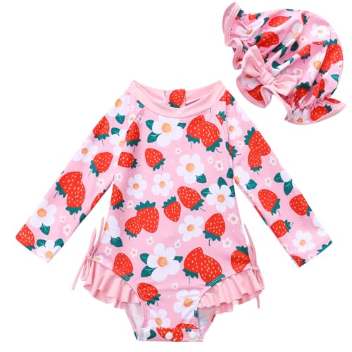 AMAWMW Infant Baby Girl Swimsuit Long Sleeve One-Piece Swimwear with Hat Rash Guard Floral Zipper Bathing Suit Beach Wear