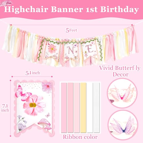 Image of Kriyokiaa Highchair Banner 1st Birthday Girl Floral and Butterfly Fairy Theme First Birthday Party Decoration for Photo Background