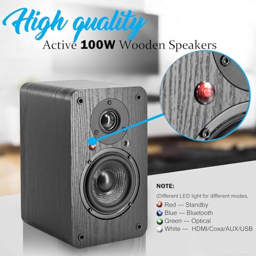 Image of LONPOO Powered Bookshelf Speakers - Wireless 100W RMS Bluetooth with eARC - Powerful Home Music System - Home Theater Systems, Studio Monitors,Black