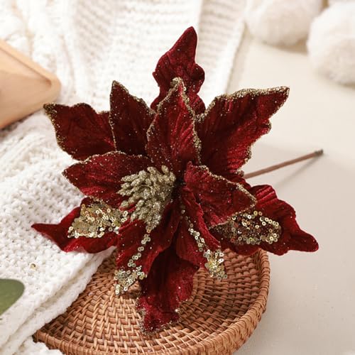 vctops 6 Pcs Christmas Poinsettia Artificial Flowers Shining Glitter Artificial Flower for Xmas Tree Wreath Ornaments New Year Wedding Party Holiday DIY Decoration Burgundy