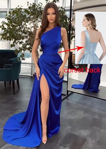 One Shoulder Prom Dress 2025 for Women Long Mermaid Satin Formal Dresses with Slit3