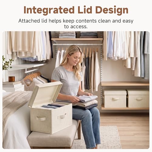 Image of StorageWorks Fabric Storage Bins with Lid, Decorative Storage Boxes for Shelves, Stackable Closet Organizer Basket with Handles, Medium, Beige, 2-Pack