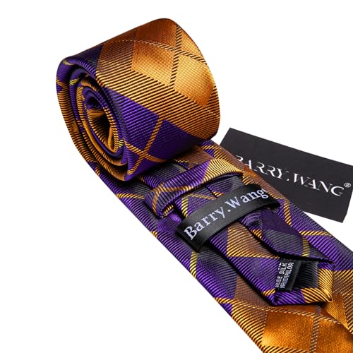 Image of Barry.Wang Tie Sets for Men Plaid Necktie Set Woven Pocket Square Cufflinks Handkerchief Cufflinks Party Wedding, Prussian Blue Orange