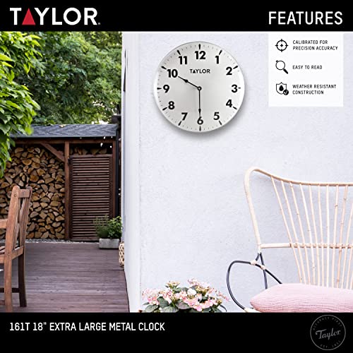 Image of Taylor Indoor Outdoor Metal Wall Clock, Wireless Thermometer with Easy to Read Large Numbers for Patio, Pool, and Indoor Areas, 18-inch