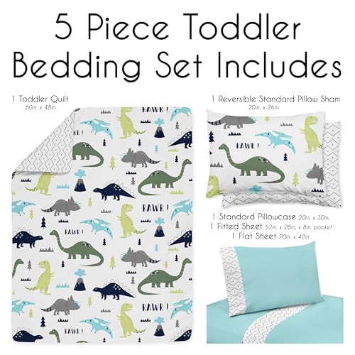 Image of Sweet Jojo Designs Navy Blue and Green Modern Dinosaur Boys or Girls 5 Piece Toddler Bedding Comforter Sheet Set