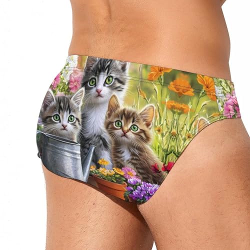 Three Cute Cats Flowers Printed Swim Briefs for Men Sexy Bikini Swimwear Elastic Beach Trunks Bathing Suit4