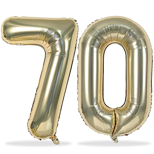 Champagne Gold Number 70 Birthday Balloons 40 Inch Large Light Gold Foil Number 7 & 0 Balloons for Women 70th Birthday Balloons for 70 Year Old Men Anniversary Birthday Party Decorations Supplies