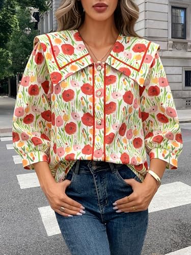 Women's 2025 Fashion Tops 100% Cotton Button Down Shirts V Neck 3/4 Length Sleeve Floral Peter Pan Collar Blouses3