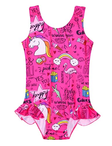 Snowheart Traje de baño de una pieza para niñas, transpirable, floral, con volantes, hawaiano, Unicornio Rosa, 9-10 años