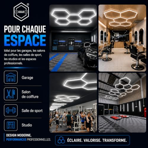 rivestiiltuogarage LED NID D’ABEILLE HEXAGONAL détail Atelier d’éclairage de garage, lavage de carrosserie LED hexagonal |moderne 5 hexagones nettoyage – vue 6