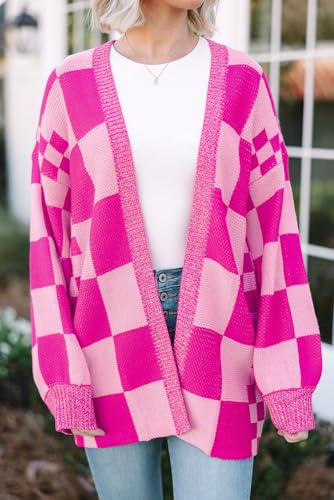 Stylish Long Sleeve Cardigan: Rose Red Checkered Print with Ribbed Trim3