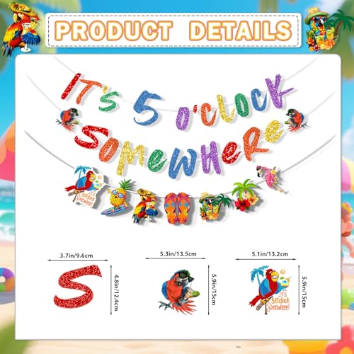 Image of It's 5 O' Clock Somewhere Summer Banner, Beach Hawaii Decoration, Tropical Parrot Banner, Nautical Cocktails Drinks Bar Party Supplies