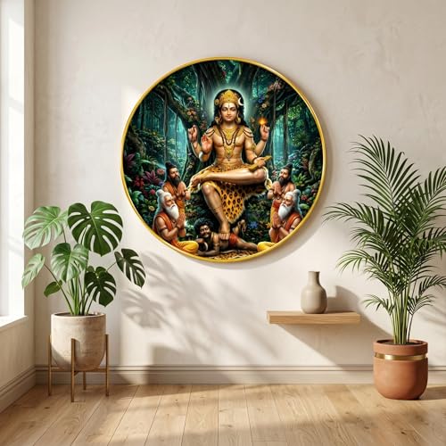 Image of SAF Sri Dakshinamurthy Wall Art with PVC Round Frame | Sparkle Laminated Guru Form of Lord Shiva Teaching Sages Painting | Spiritual Wall Decor for Home Temple Study Room Office Gift