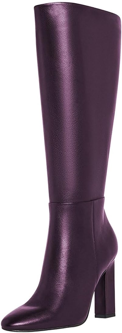 miss left Women Wide Calf Knee High Boots Closed Round Toe Chunky Heels Side Zipper Fashion Long Boot Dressy Party Shoes Size 4-16 US