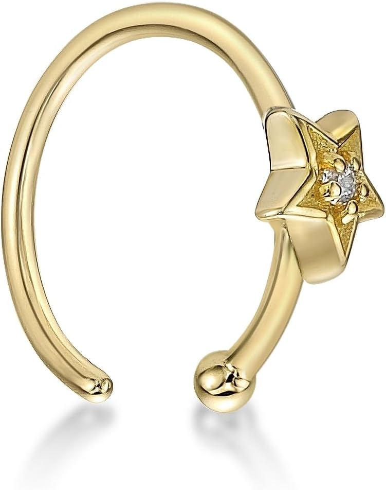 Lavari Jewelers 20 Gauge Three Stone or Star Open Hoop Nose Ring for Women - 14k Yellow Gold Cubic Zirconia 8 mm Nose Ring - Unisex Hypoallergenic Nostril Piercing Jewelry - 20G Body Piercing for Men