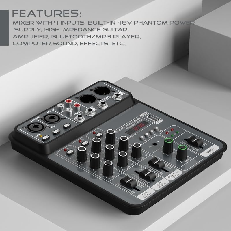 Mixer a 4 canali con alimentazione Phantom 48V, mixer Bluetooth USB for streaming live, registrazione in studio e uso DJ