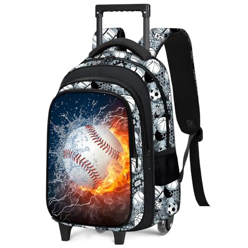 Boys Rolling Backpack for Kids - Baseball Kids Rolling Backpack with Wheels for Elementary Middle School Students - Sport Roller School Bookbag Aged 6-18, Wheeled Travel Bag Large Capacity